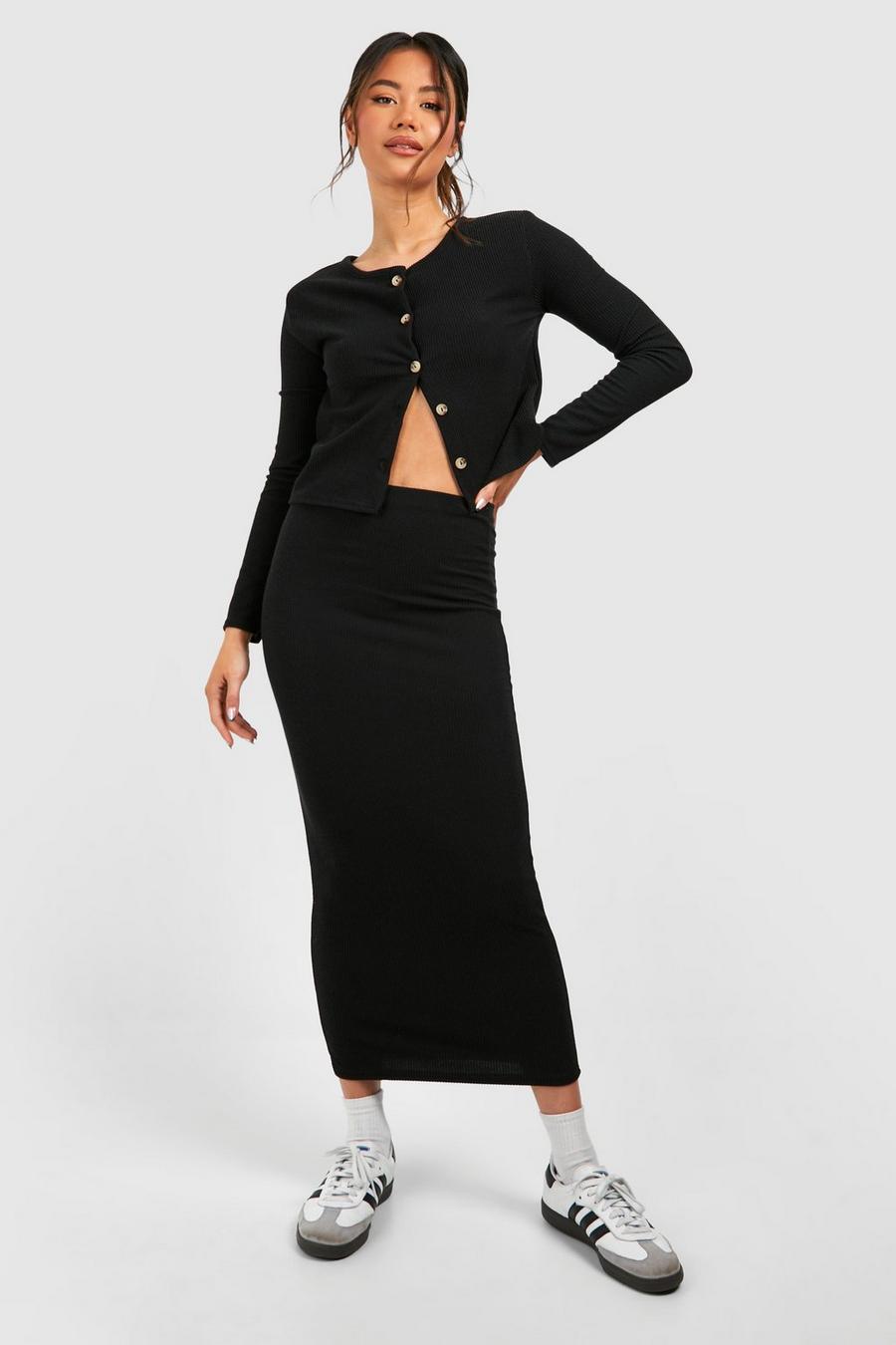 Black Ribbed Column Midaxi Skirt