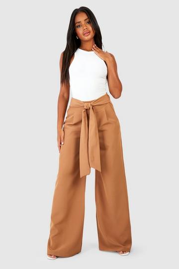 Camel Beige Tie Waist Super Wide Leg Trousers