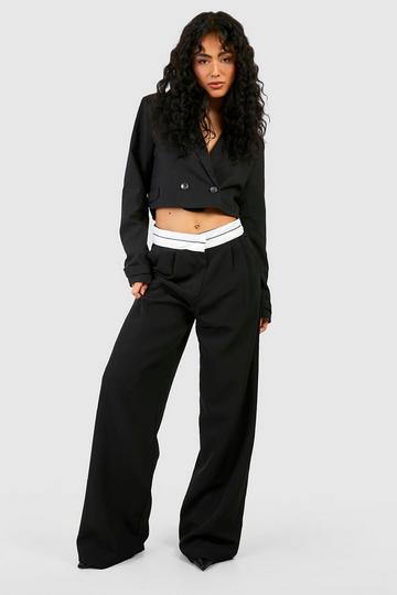 Contrast Waistband Pleat Front Wide Leg Trousers black