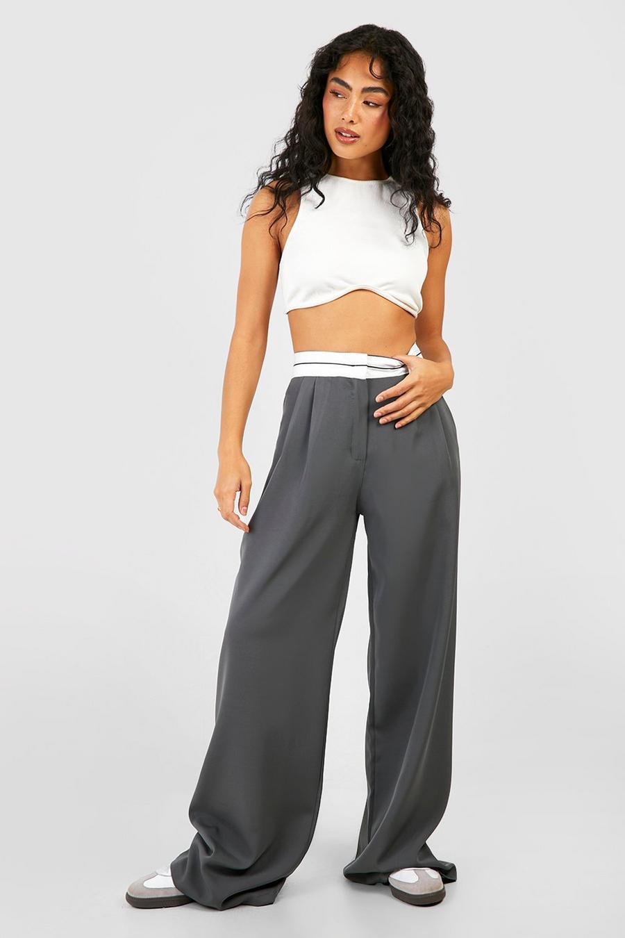 Charcoal Contrast Waistband Pleat Front Wide Leg Trousers image number 1