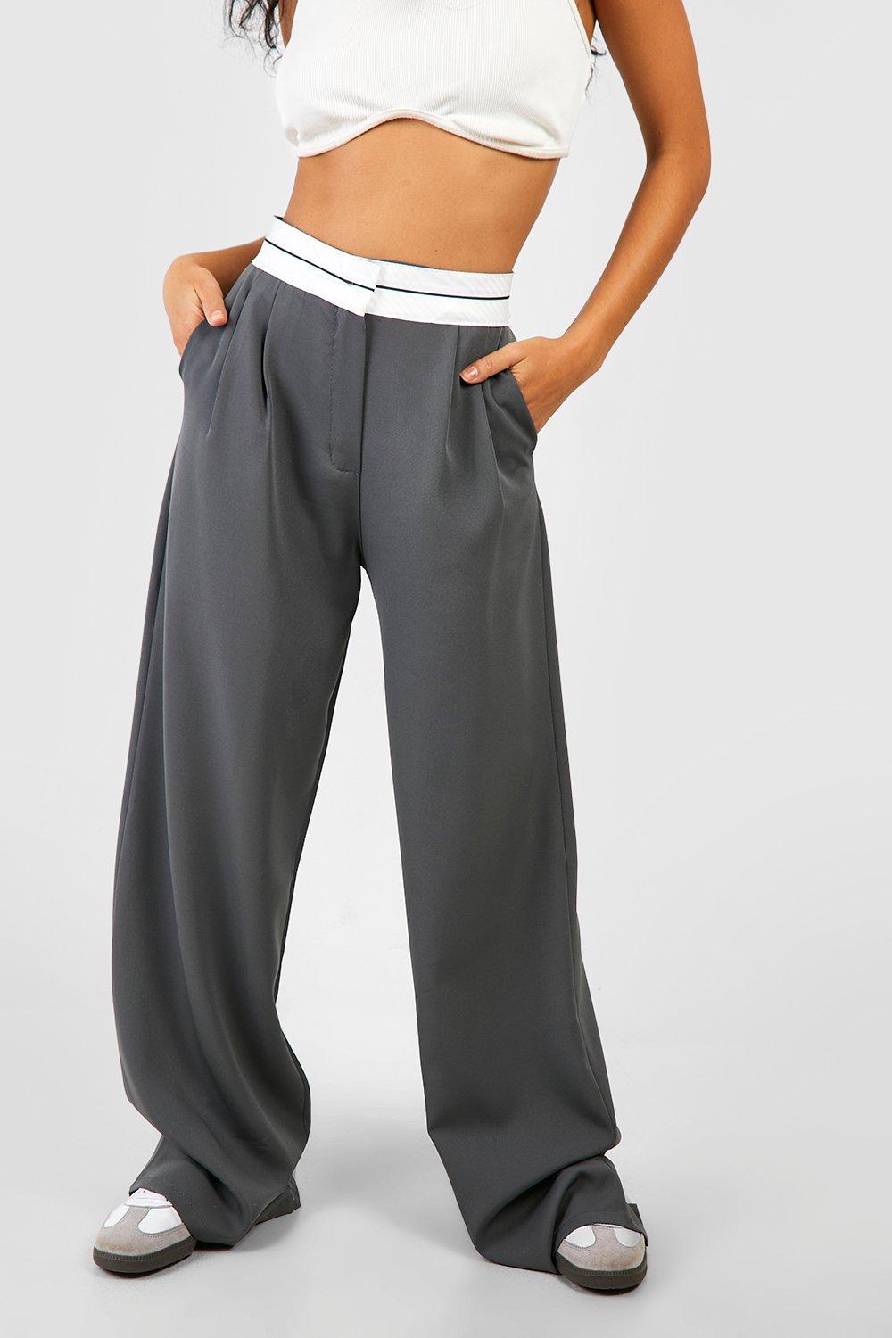 Women's Contrast Waistband Pleat Front Wide Leg Trousers