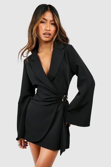 Buckle Detail Tie Waist Tailored Blazer Dress black