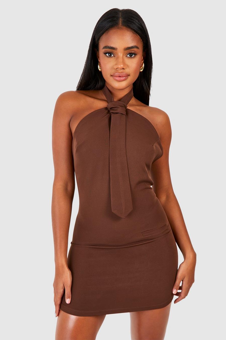 Chocolate Geweven Mini Jurk Met Halter Neck En Strik