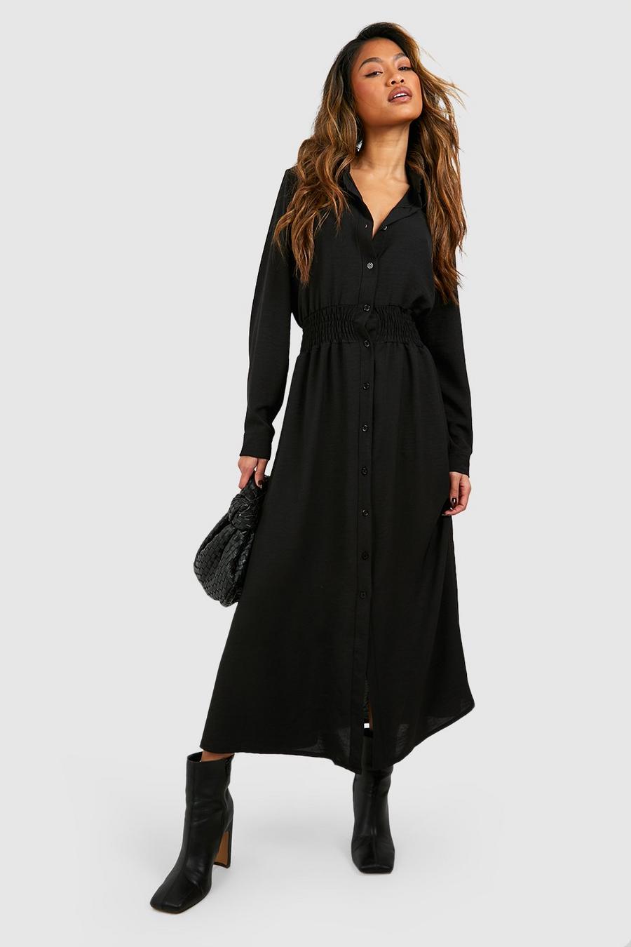 Black Hammered Shirred Waist Shirt Dress
