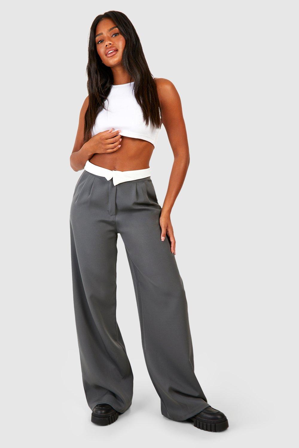 Contrast Waistband Tailored Wide Leg Pants