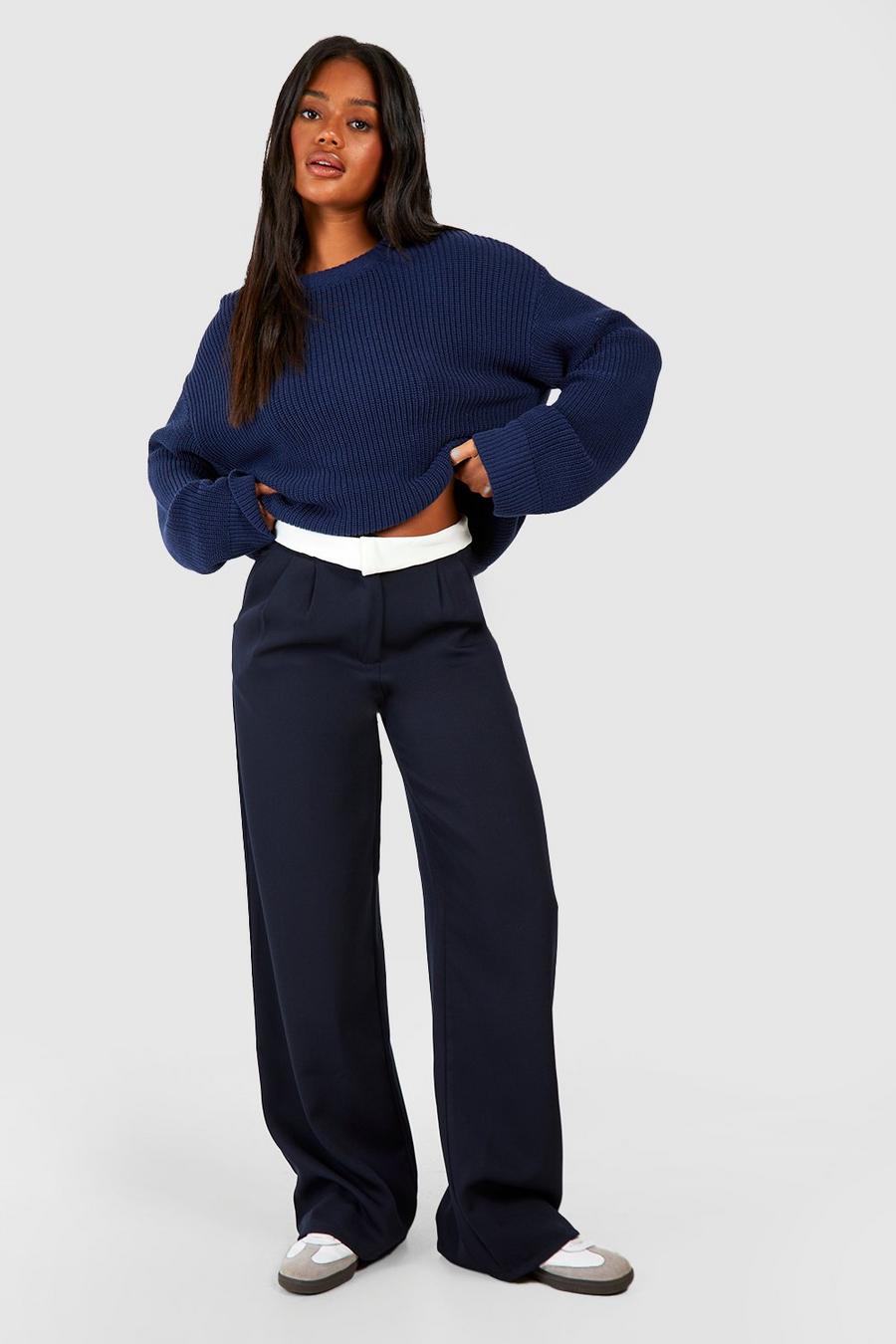 Navy Contrast Waistband Wide Leg Pants image number 1