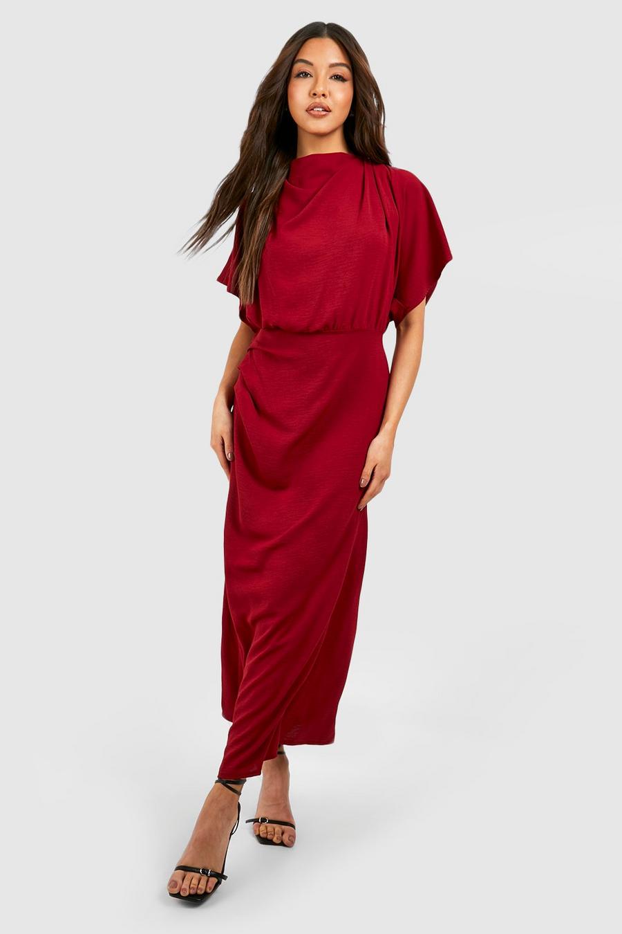 Merlot red Hammered Cowl Neck Ruched Side Midi Dress