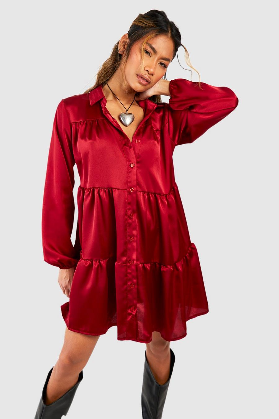 Vestito camicia a grembiule in raso con balze, Merlot rosso