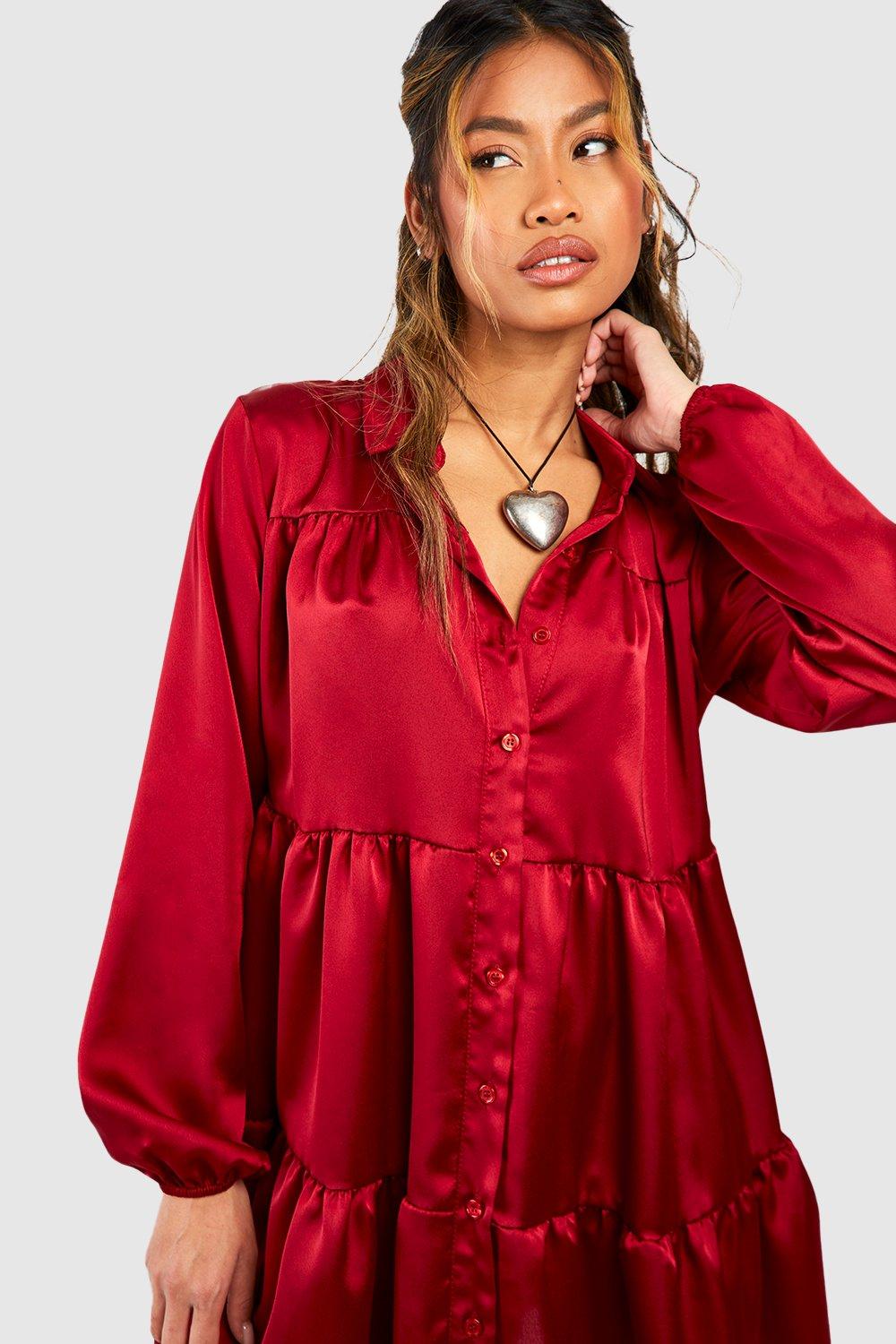 boohoo Women s Satin Tiered Smock Shirt Dress Mini Dresses