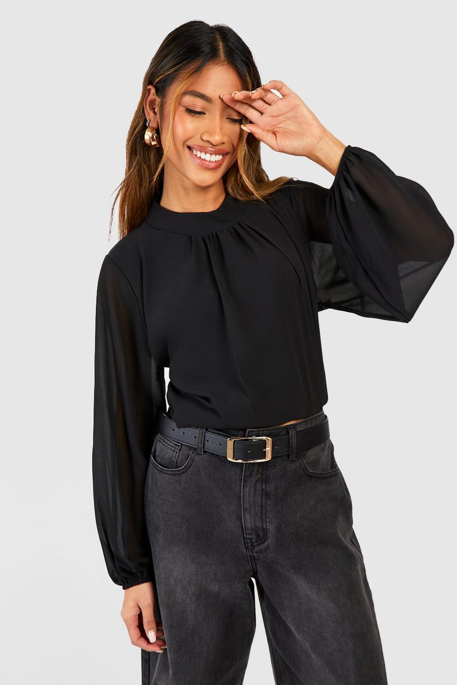 Black Woven Pleat Front Puff Sleeve Blouse