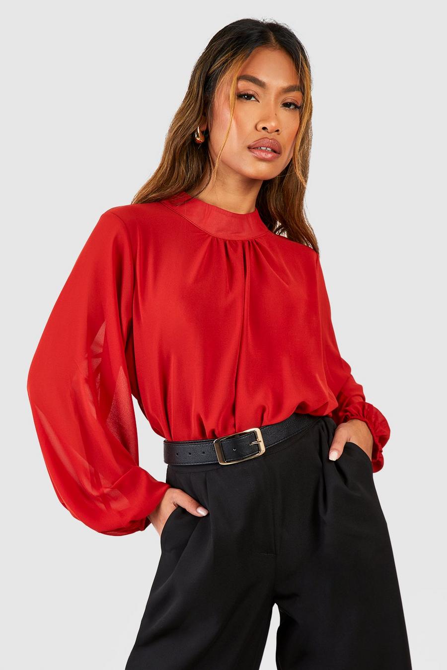 Spice Woven Pleat Front Puff Sleeve Blouse image number 1