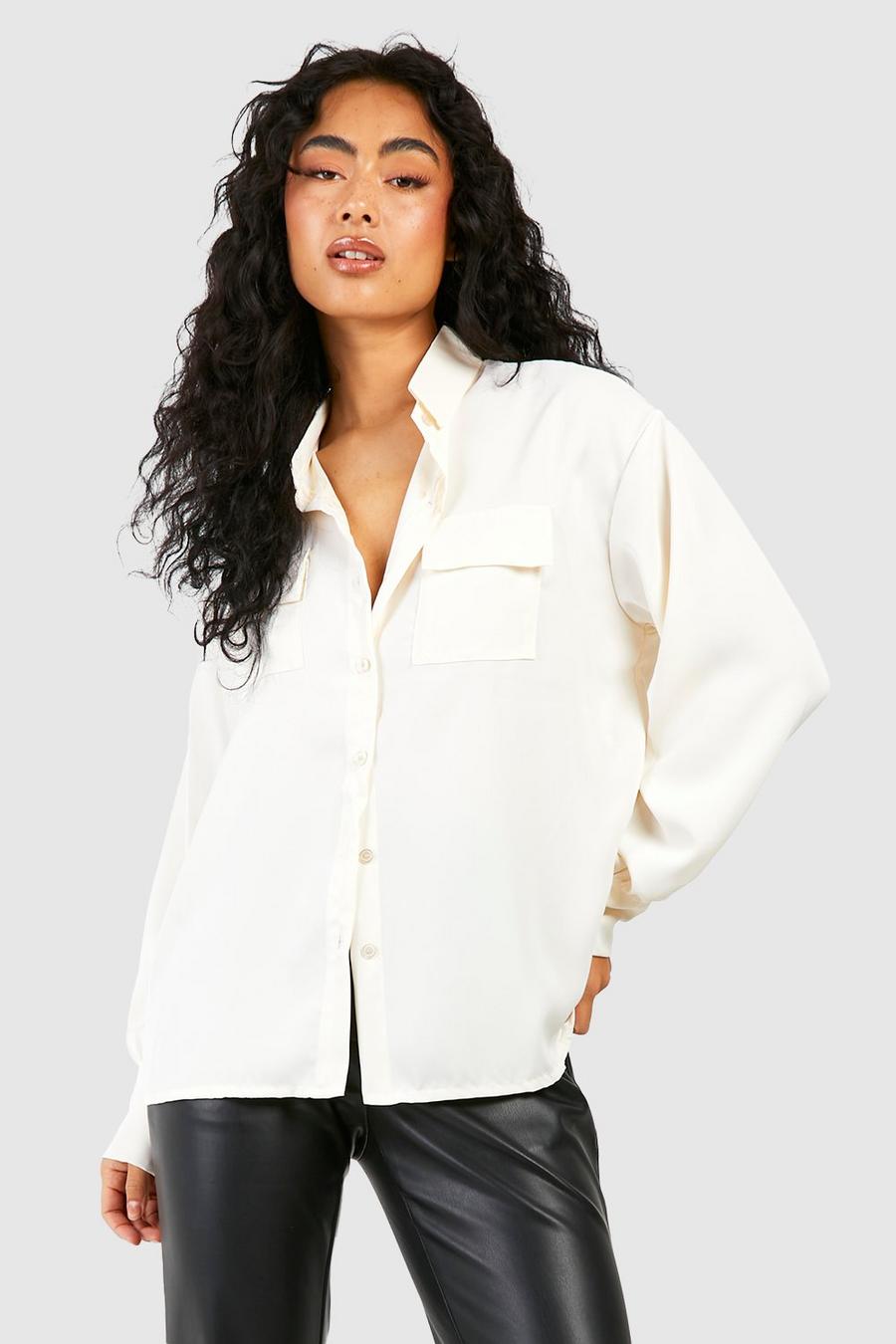 Camisa de tela holgada con bolsillo, Cream image number 1