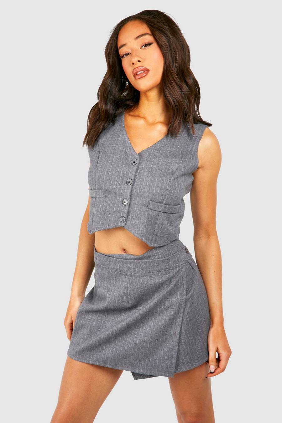 Grey marl Marl Pinstripe Brushed Wrap Front Skirt image number 1