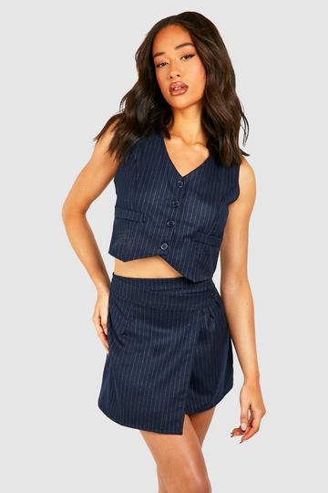 Marl Pinstripe Brushed Wrap Front Skirt navy