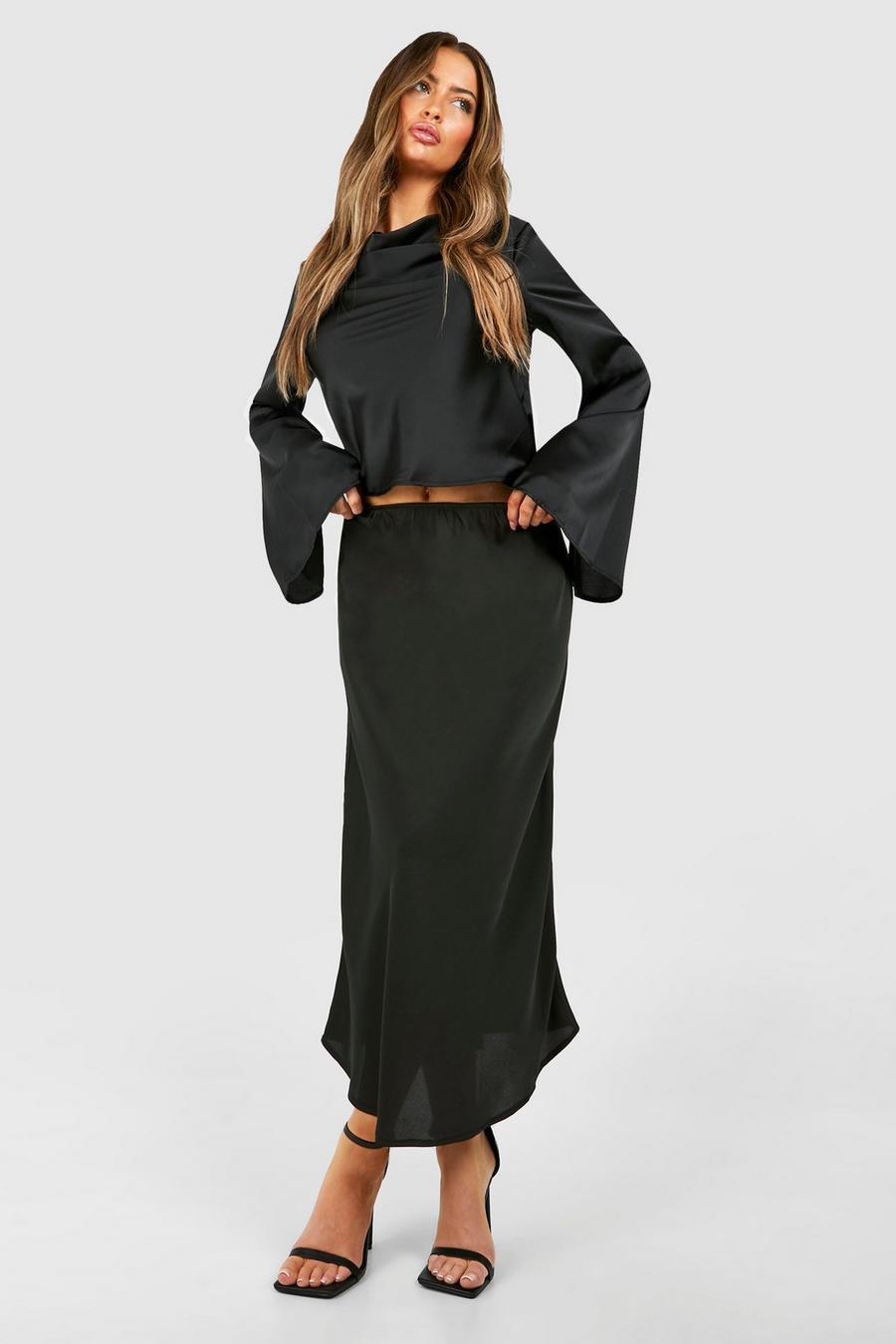 Black Satin Bias Midaxi Skirt image number 1