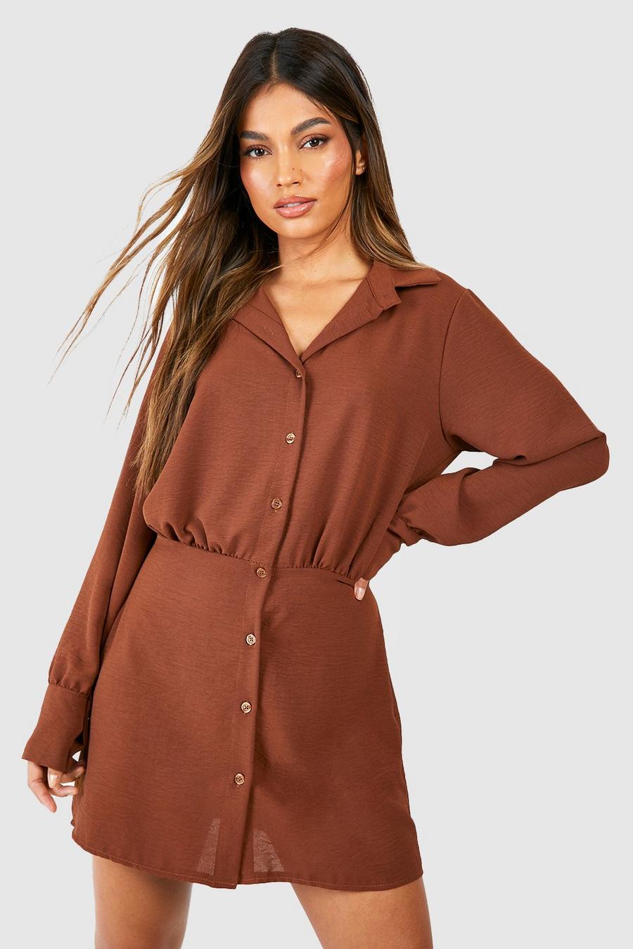 Chocolate brown Hammered Blouson Button Front Shirt Dress