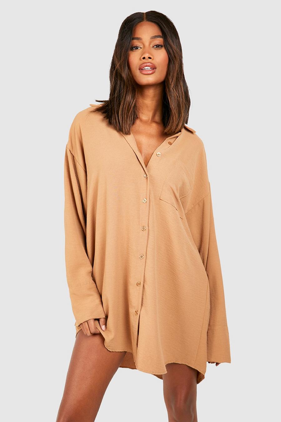 Camel Hammered Pocket Detail Fluid Fit Shirt Dress