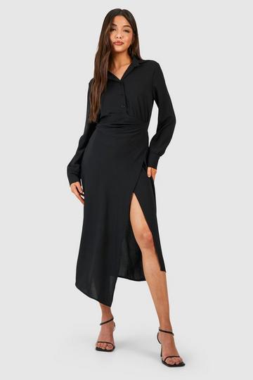 Black Hammered Wrap Front Ruched Side Shirt Dress