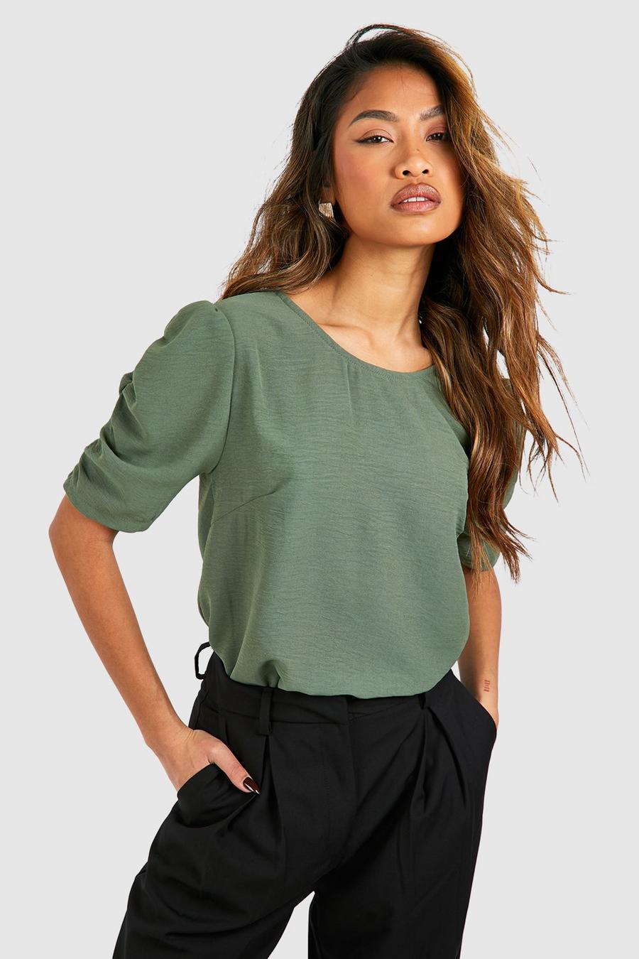 Khaki Hammered Ruched Puff Sleeve Blouse image number 1