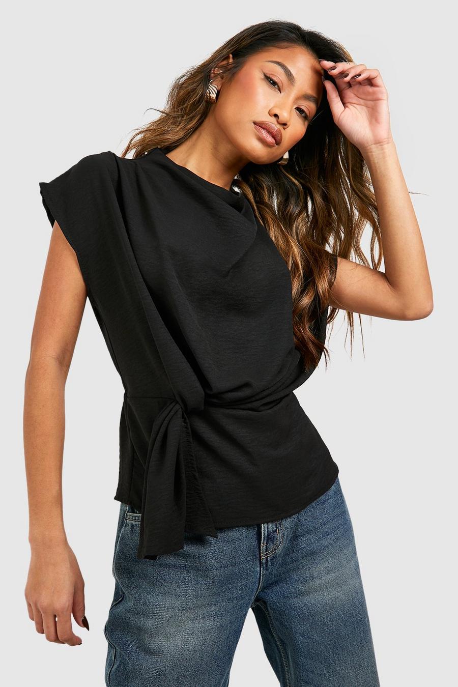 Black Hammered Knot Front Cowl Neck Blouse