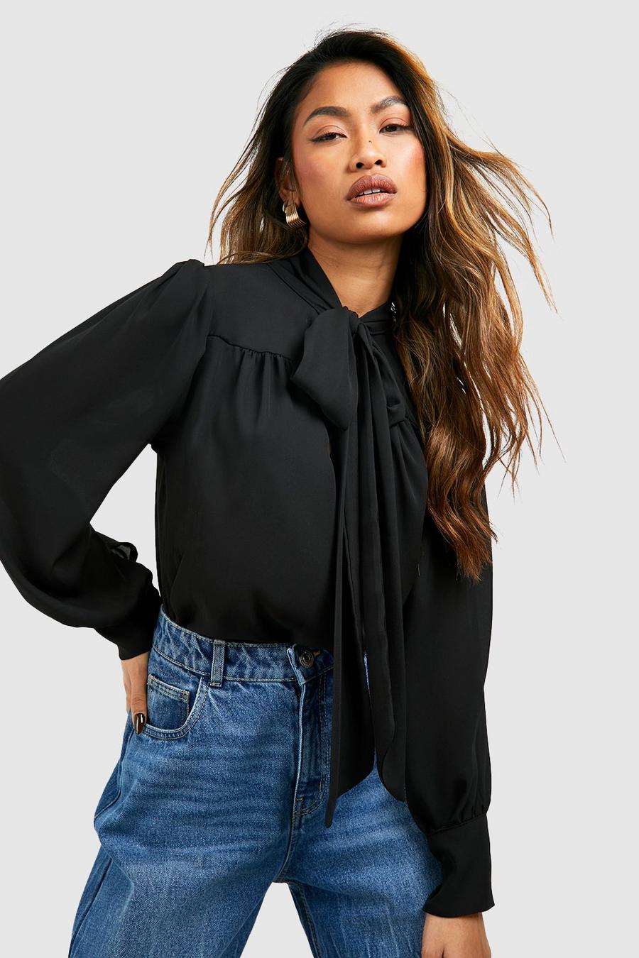 Black Woven Puff Sleeve Tie Neck Blouse