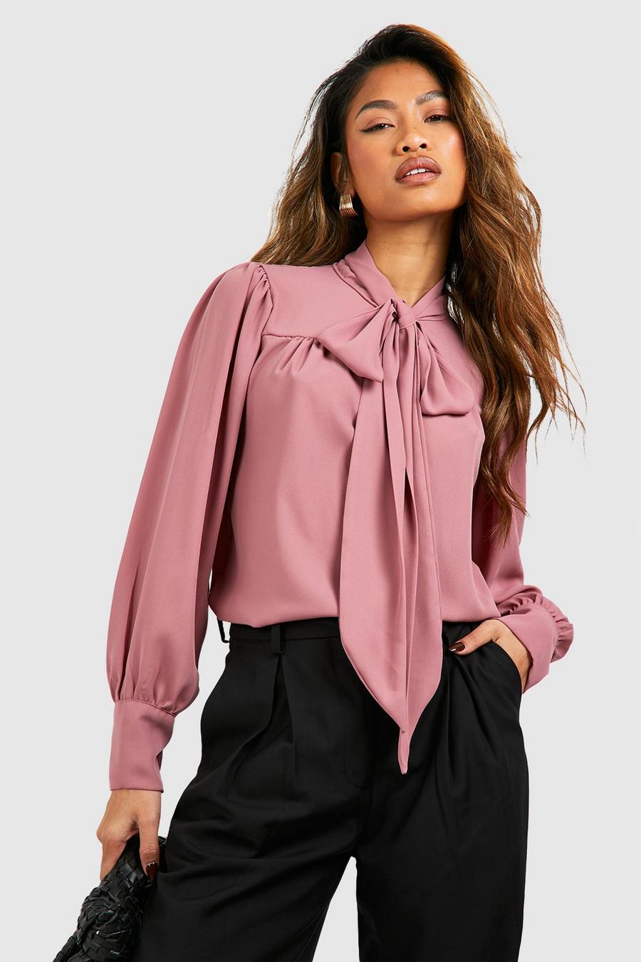 Mauve Woven Puff Sleeve Tie Neck Blouse image number 1