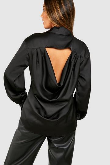 Black Satin Cowl Back Volume Sleeve Shirt