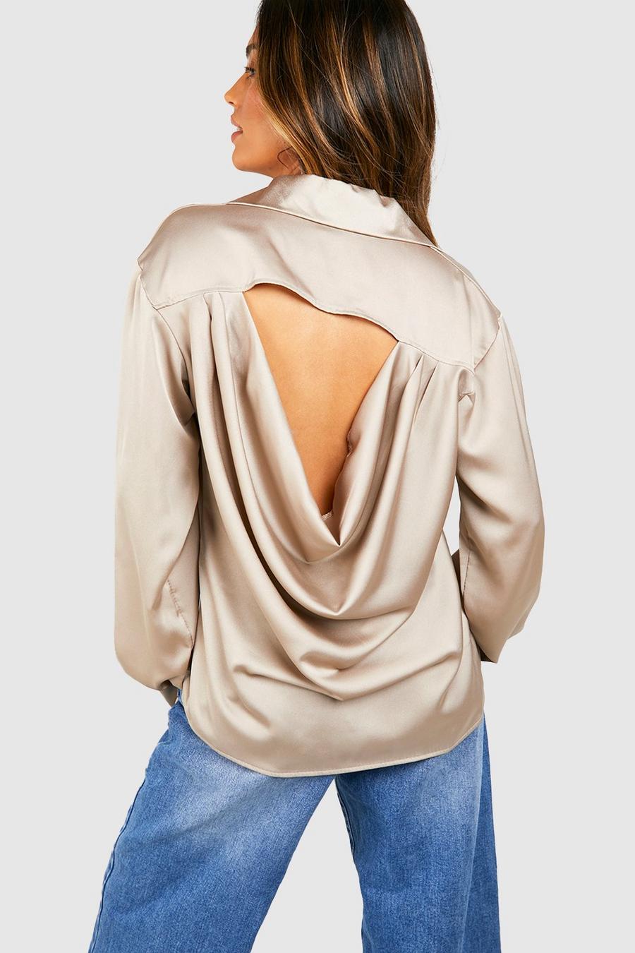 Oyster Satin Cowl Back Puff Sleeve Shirt image number 1