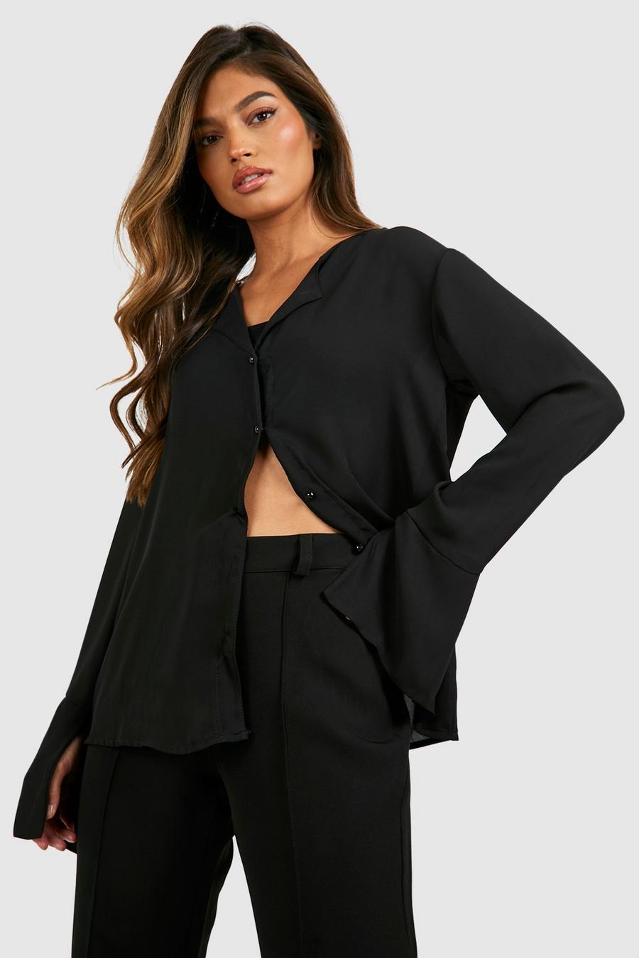 Black Woven Flared Split Cuff Blouse