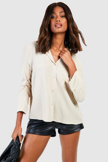 Hammered Ruched Sleeve Pocket Detail Relaxed Fit Shirt sand