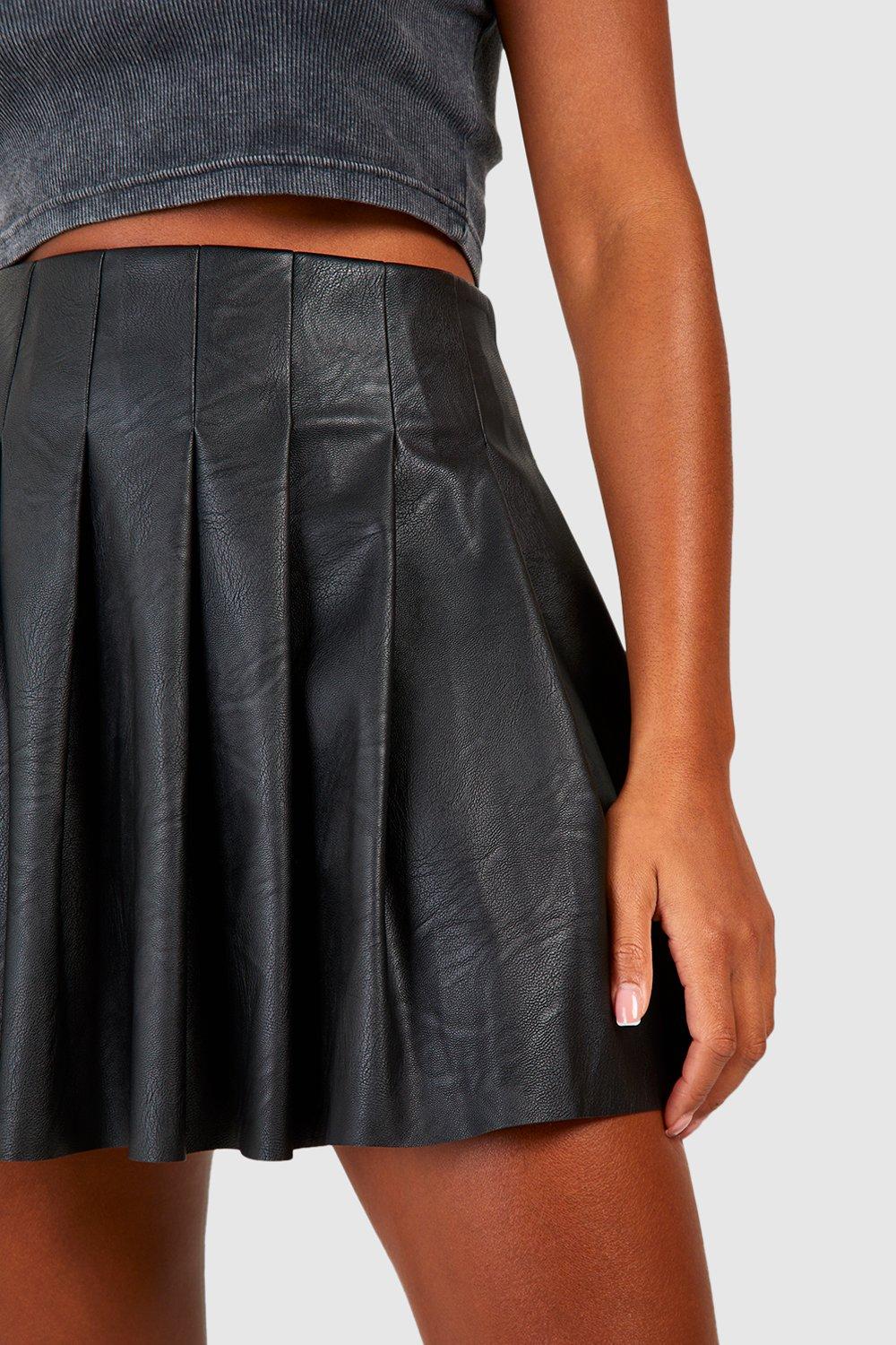 Black Faux Leather Pleated Mini Skirt