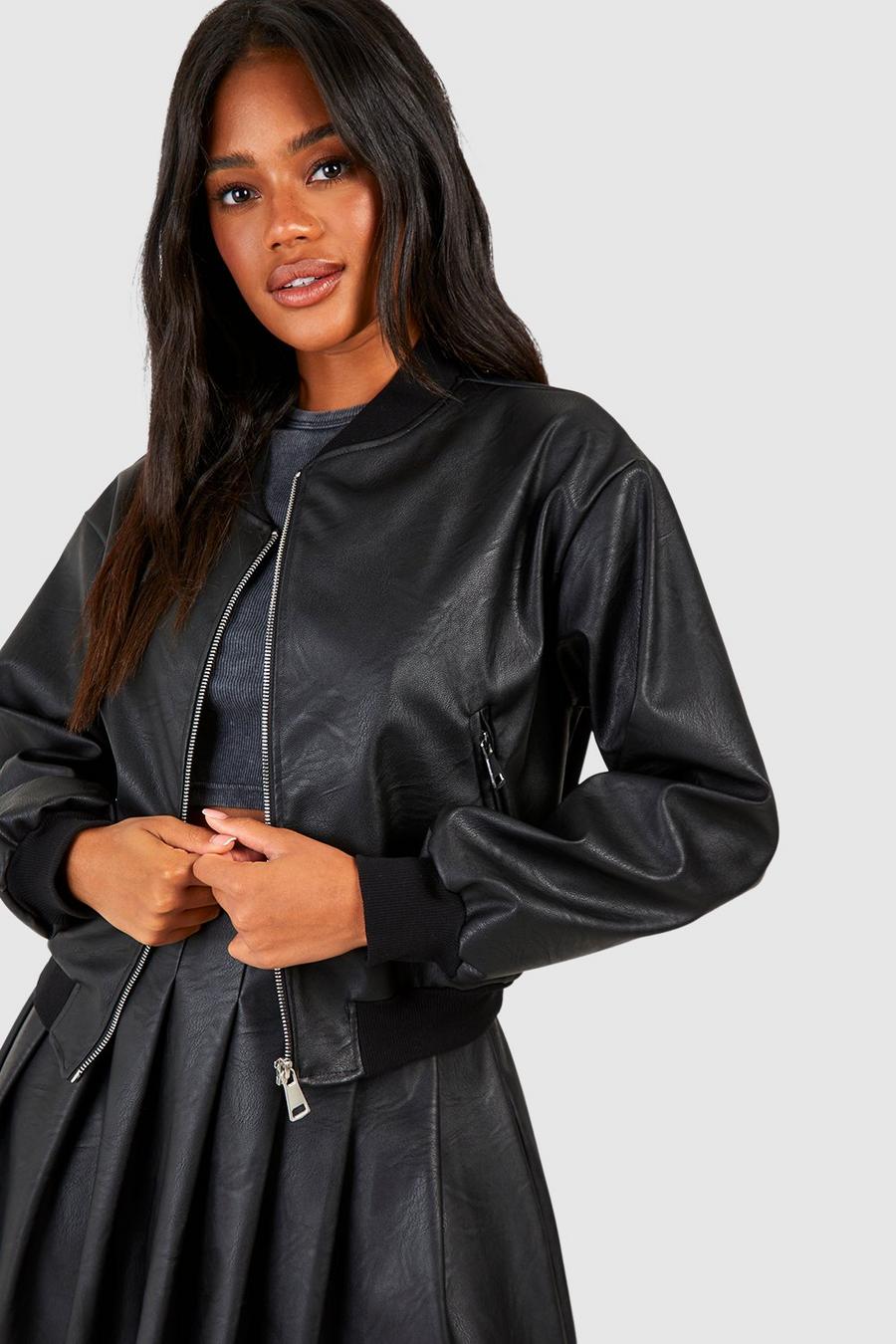 Black Faux Leather Zip Detail Bomber image number 1