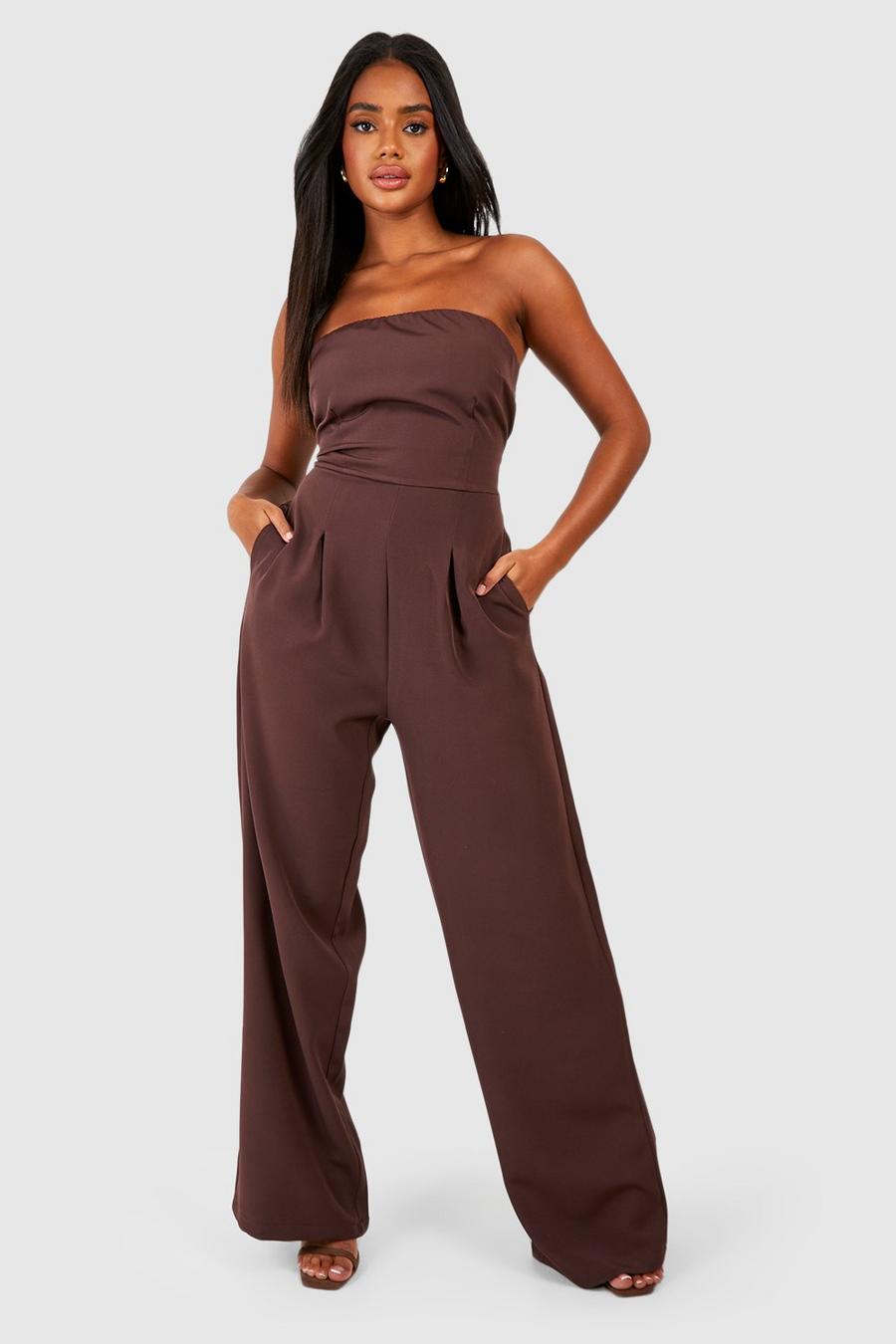 Chocolate Bandeau Pleat Front Wide Leg Tailored Jumpsuit image number 1