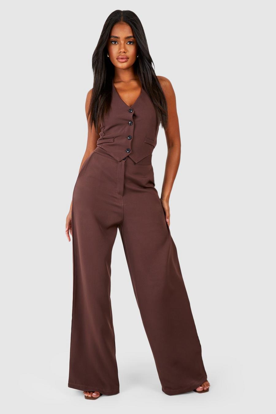 Chocolate Contrast Button Tailored Vest Jumpsuit image number 1
