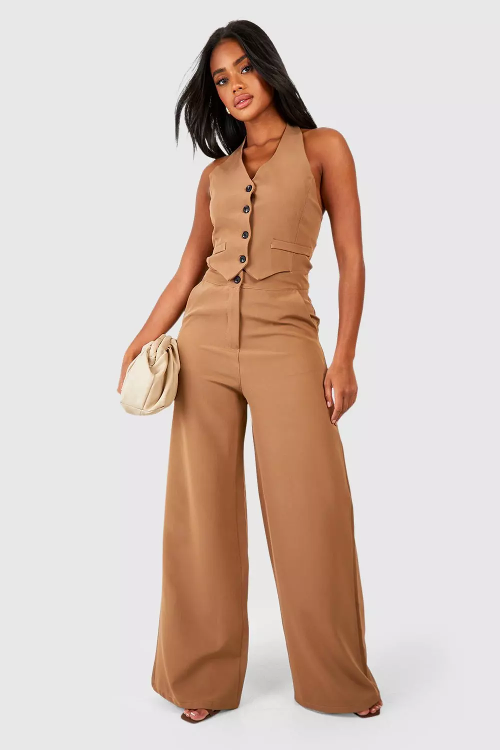 Stone Contrast Button Tailored Waistcoat Jumpsuit  alternative image