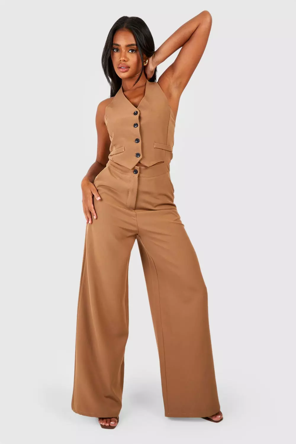 Stone Contrast Button Tailored Waistcoat Jumpsuit  alternative image