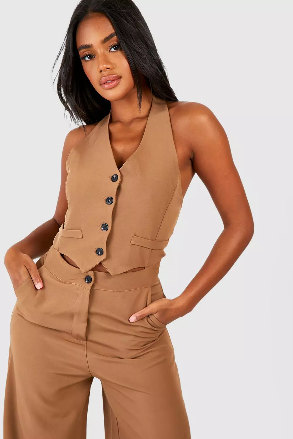 Stone Contrast Button Tailored Waistcoat Jumpsuit  alternative image