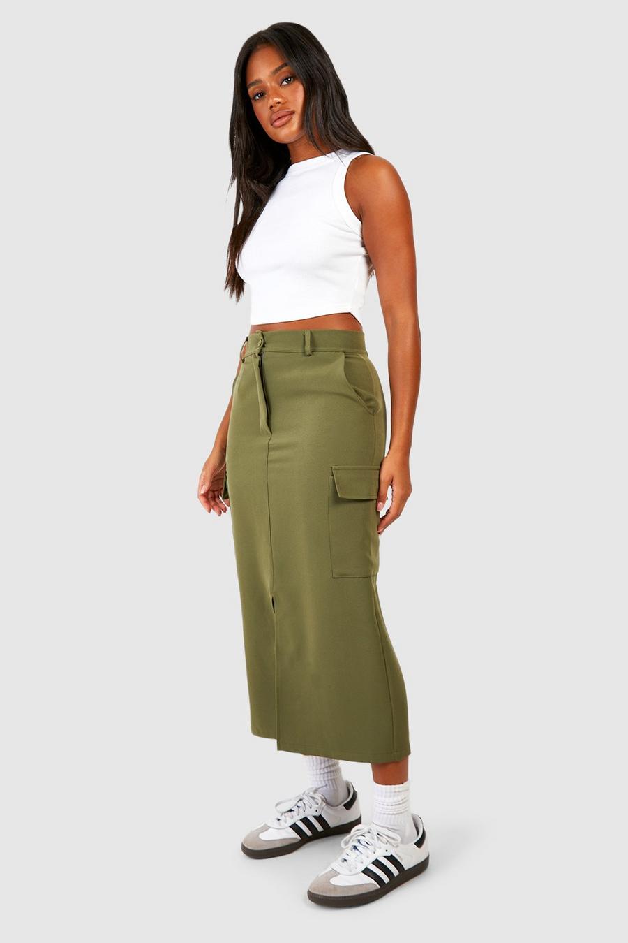 Khaki Cargo Pocket Split Front Tailored Midi Skirt image number 1