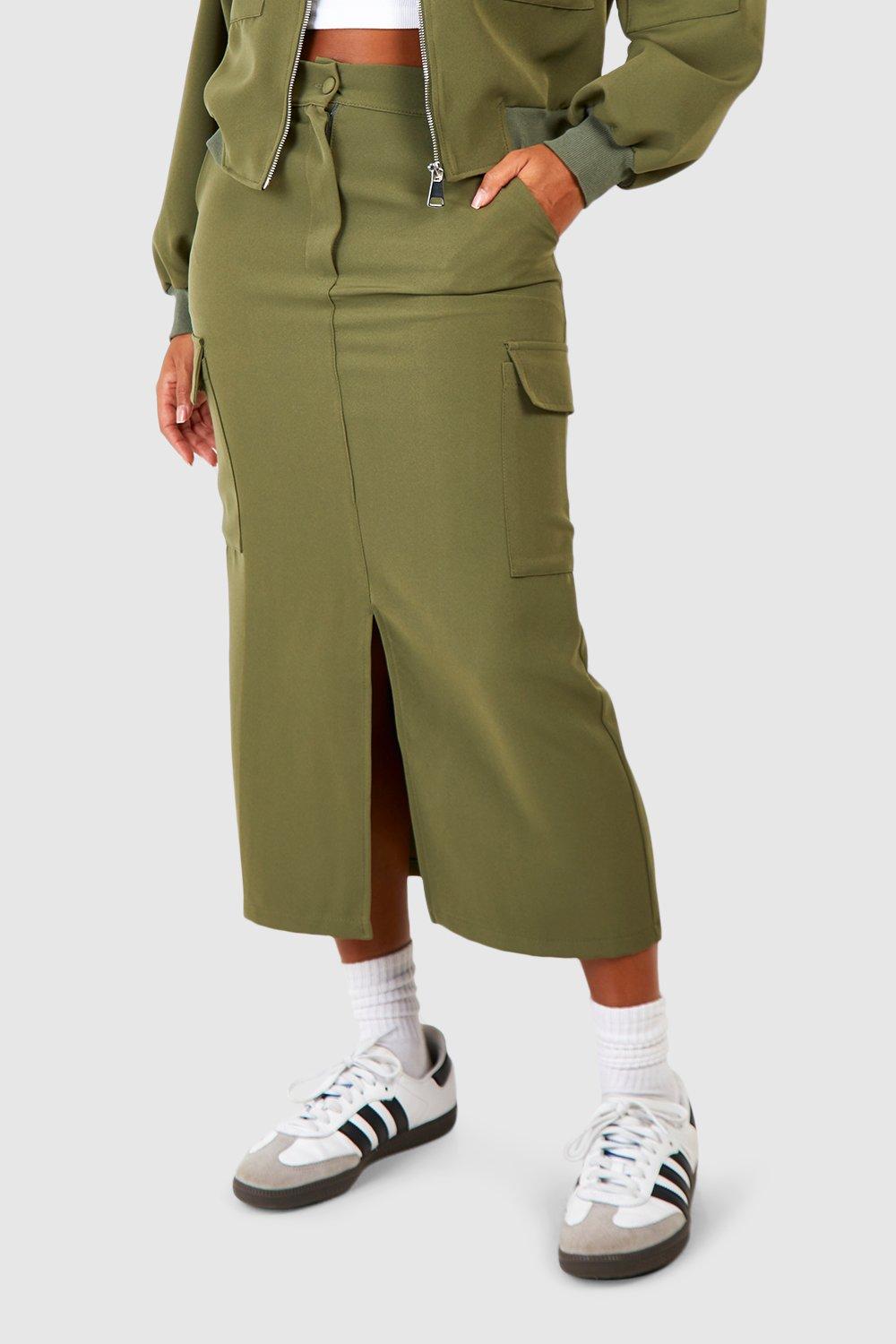 Cargo Pocket Split Front Tailored Midi Skirt | boohoo USA