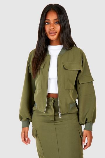 Woven Cargo Pocket Zip Front Bomber Jacket khaki