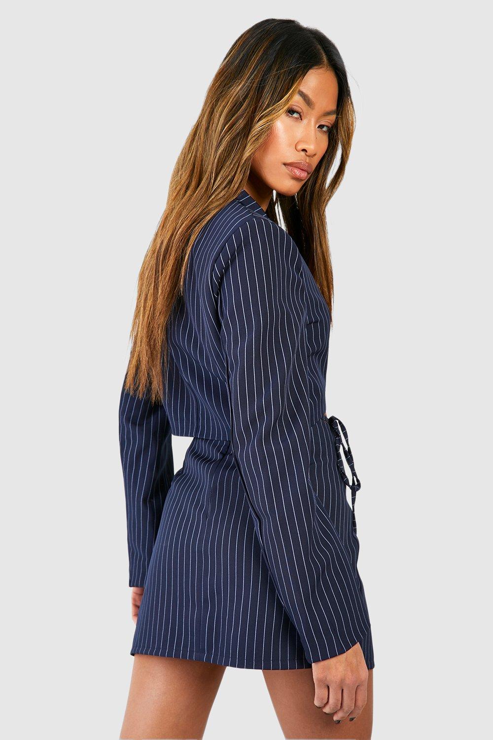 Curve Pinstripe Button Tie Waist Dress