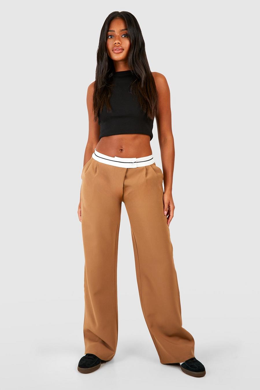 Camel Contrast Waistband Wide Leg Tailored Pants image number 1