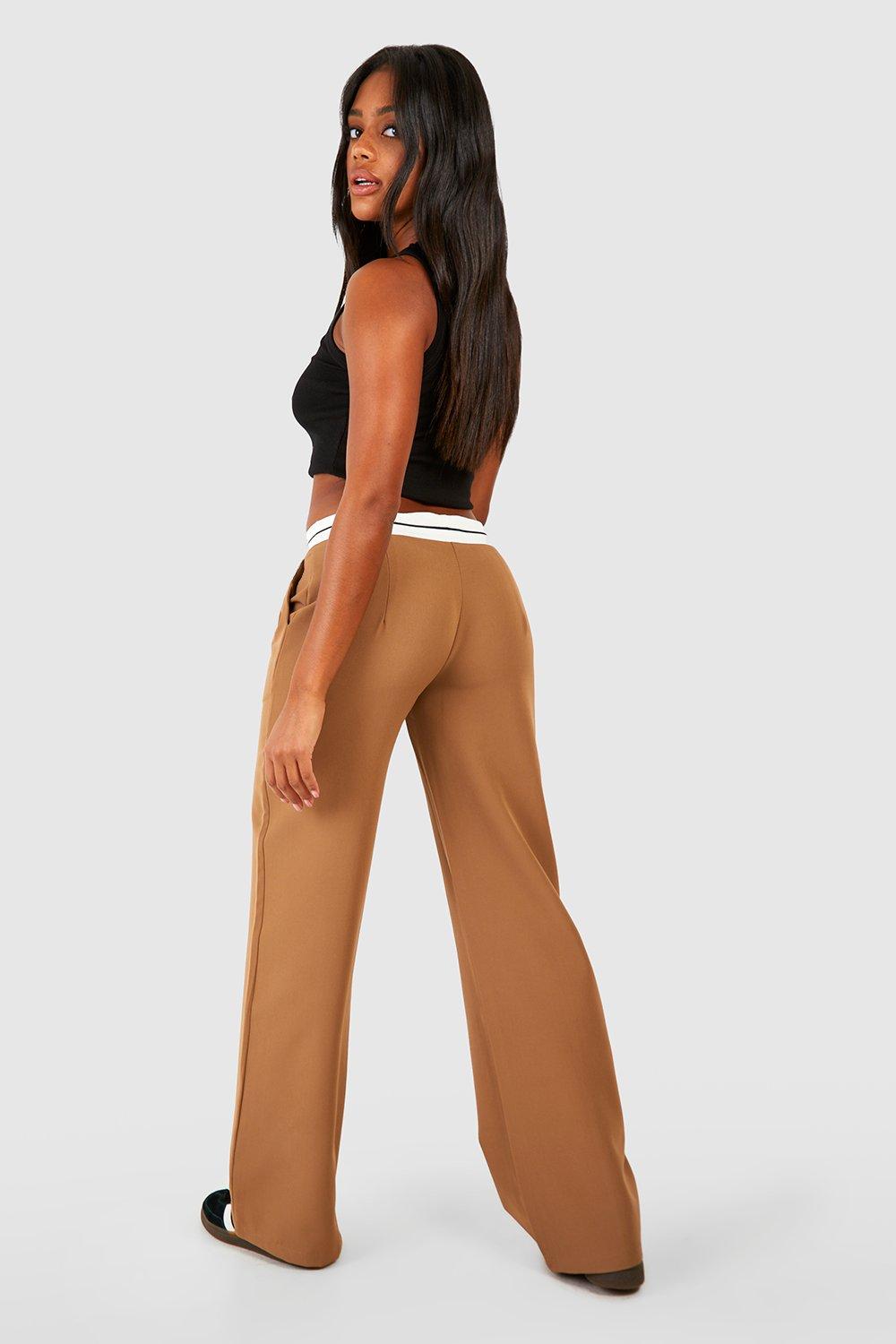 Contrast Waistband Tailored Wide Leg Trousers - Camel