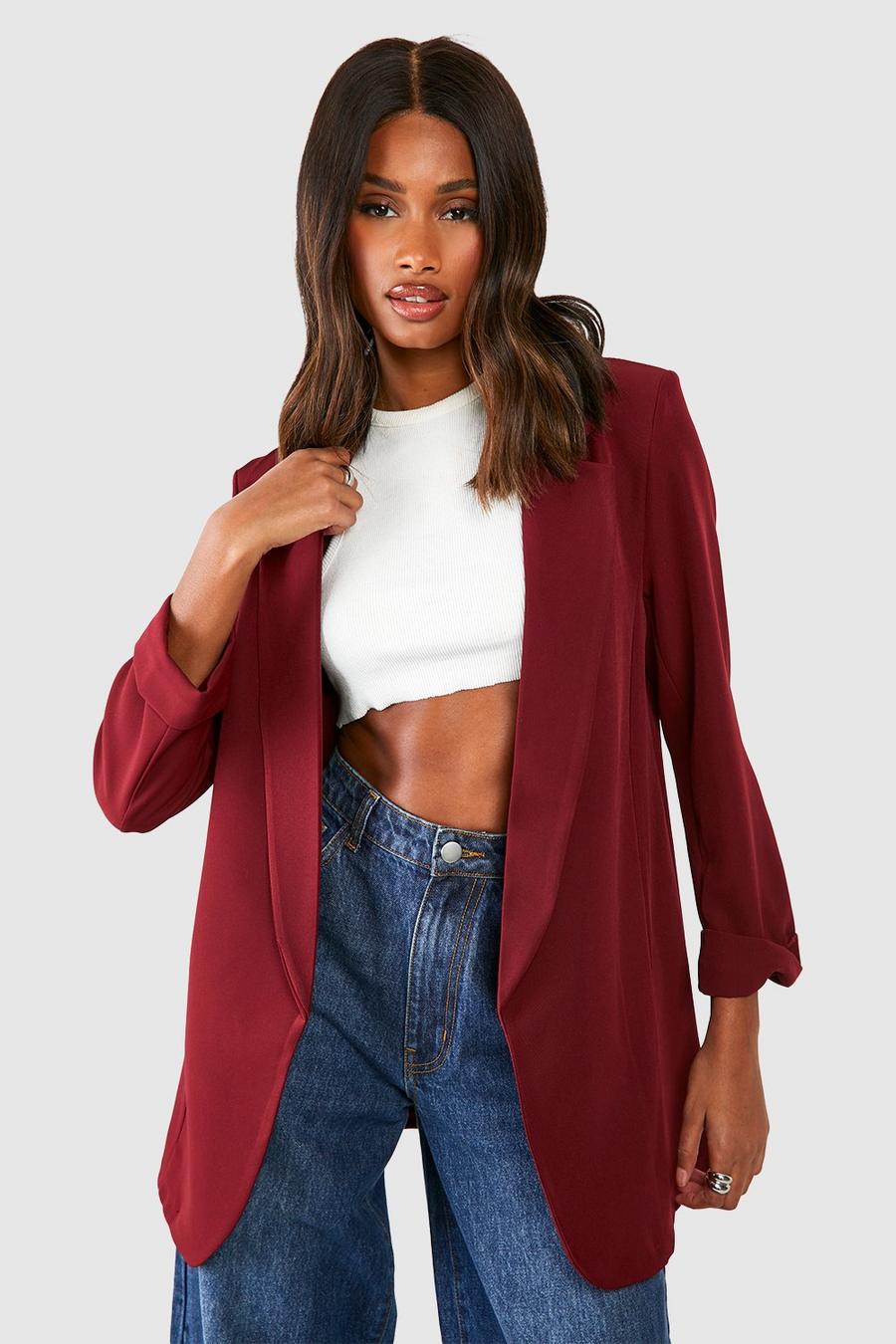 Merlot Basic Woven Turn Cuff Relaxed Fit Blazer image number 1