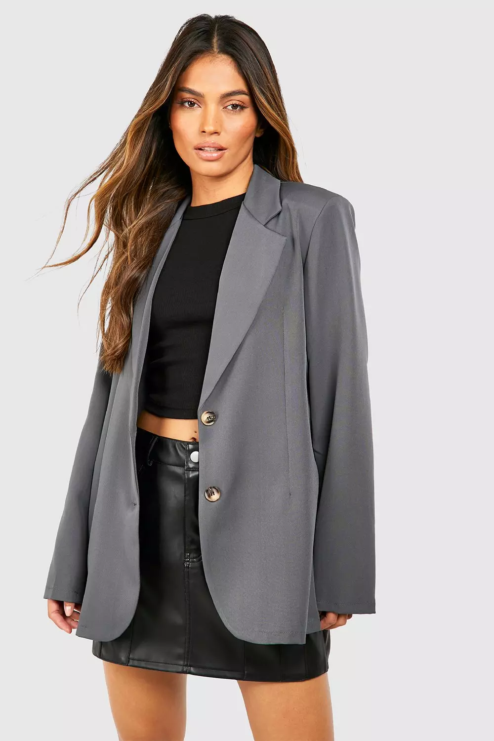Charcoal Basic Double Button Single Breasted Oversized Blazer alternative image