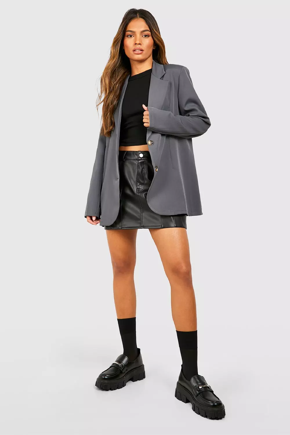 Charcoal Basic Double Button Single Breasted Oversized Blazer alternative image
