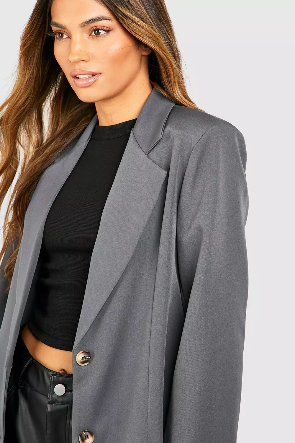 Charcoal Basic Double Button Single Breasted Oversized Blazer alternative image