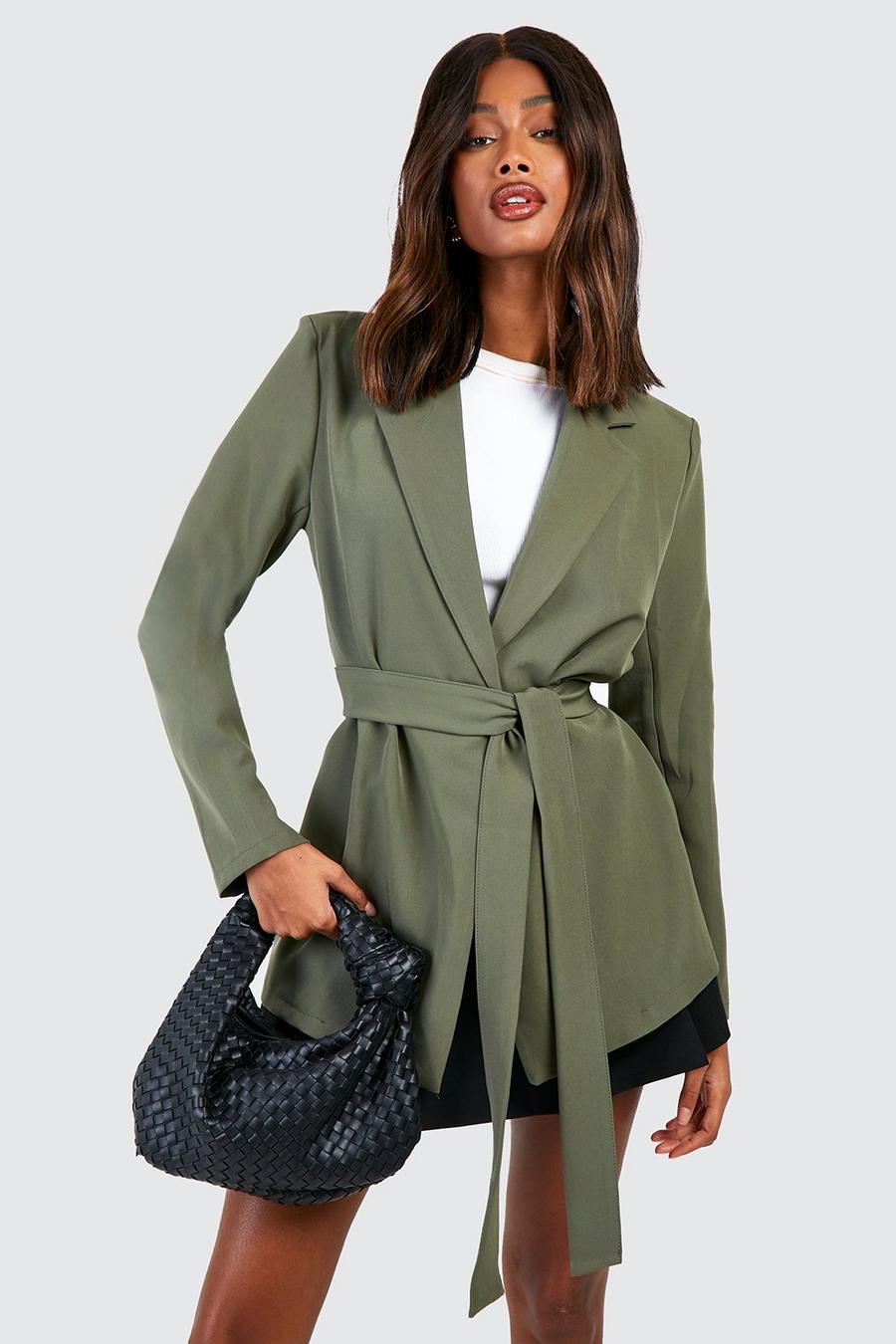 Khaki Basic Tie Waist Relaxed Fit Blazer