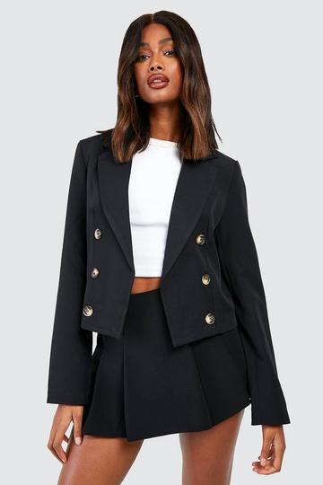 Mock Horn Double Breasted Longline Cropped Blazer black