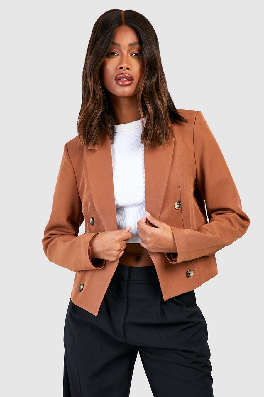 Toffee Mock Horn Double Breasted Longline Cropped Blazer image number 1
